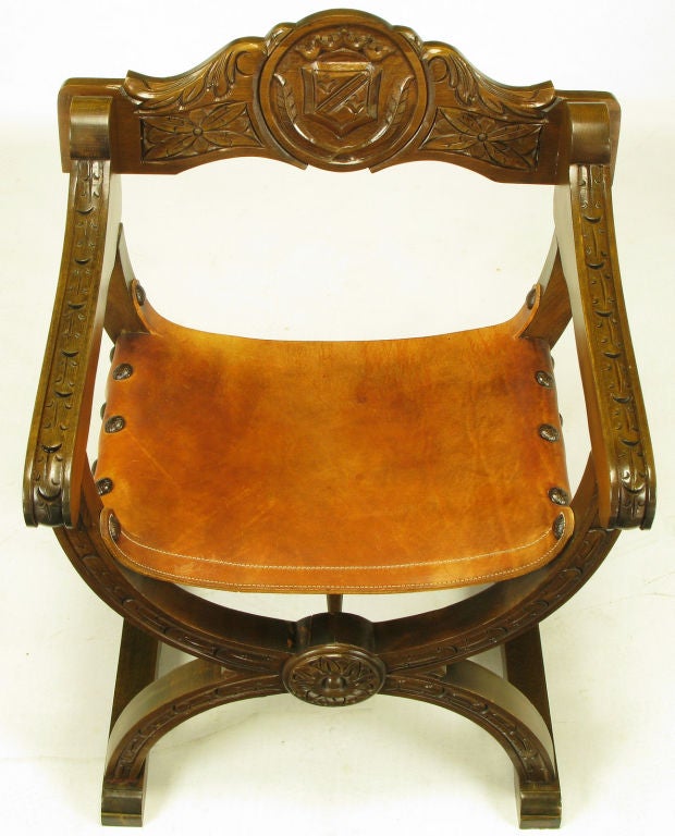 Pair Carved Oak & Umber Leather Curule Base Arm Chairs 2
