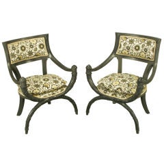Pair Carved & Slate Gray Lacquered Regency Chairs
