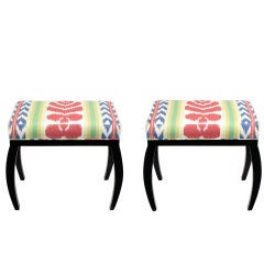 Pair Interior Crafts Black Lacquer & Ikat Upholstered Benches