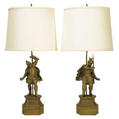 Vintage Pair of Brass Conquistador Figure Table Lamps