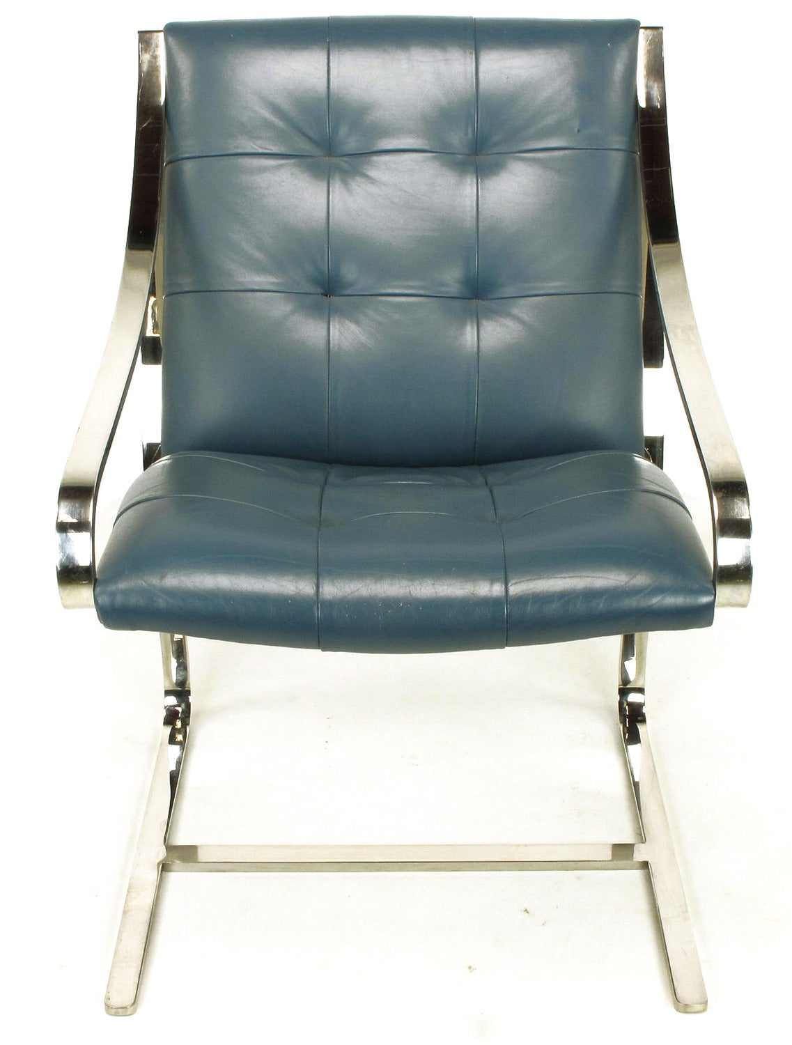 American Four Bert England for Brueton Polished Steel & Cadet Blue Leather Lounge Chairs For Sale