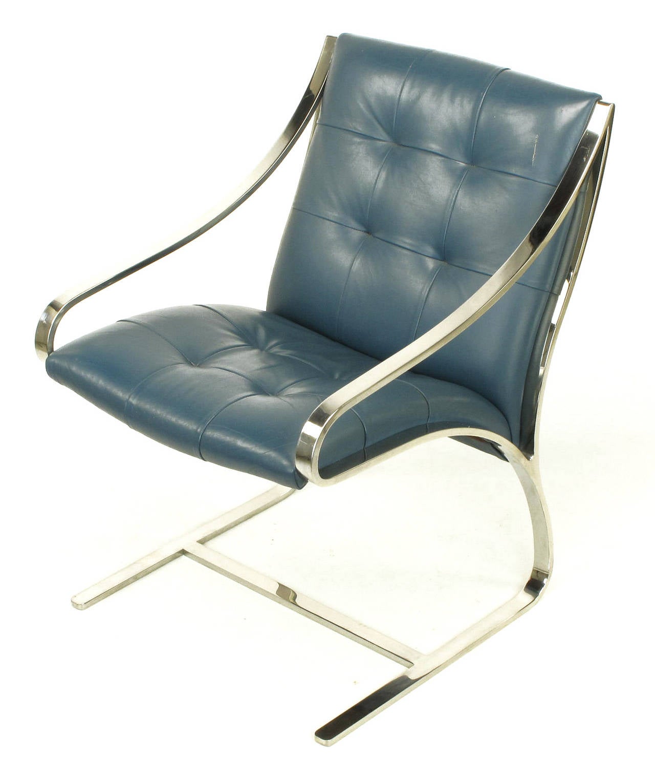Four Bert England for Brueton Polished Steel & Cadet Blue Leather Lounge Chairs In Good Condition For Sale In Chicago, IL