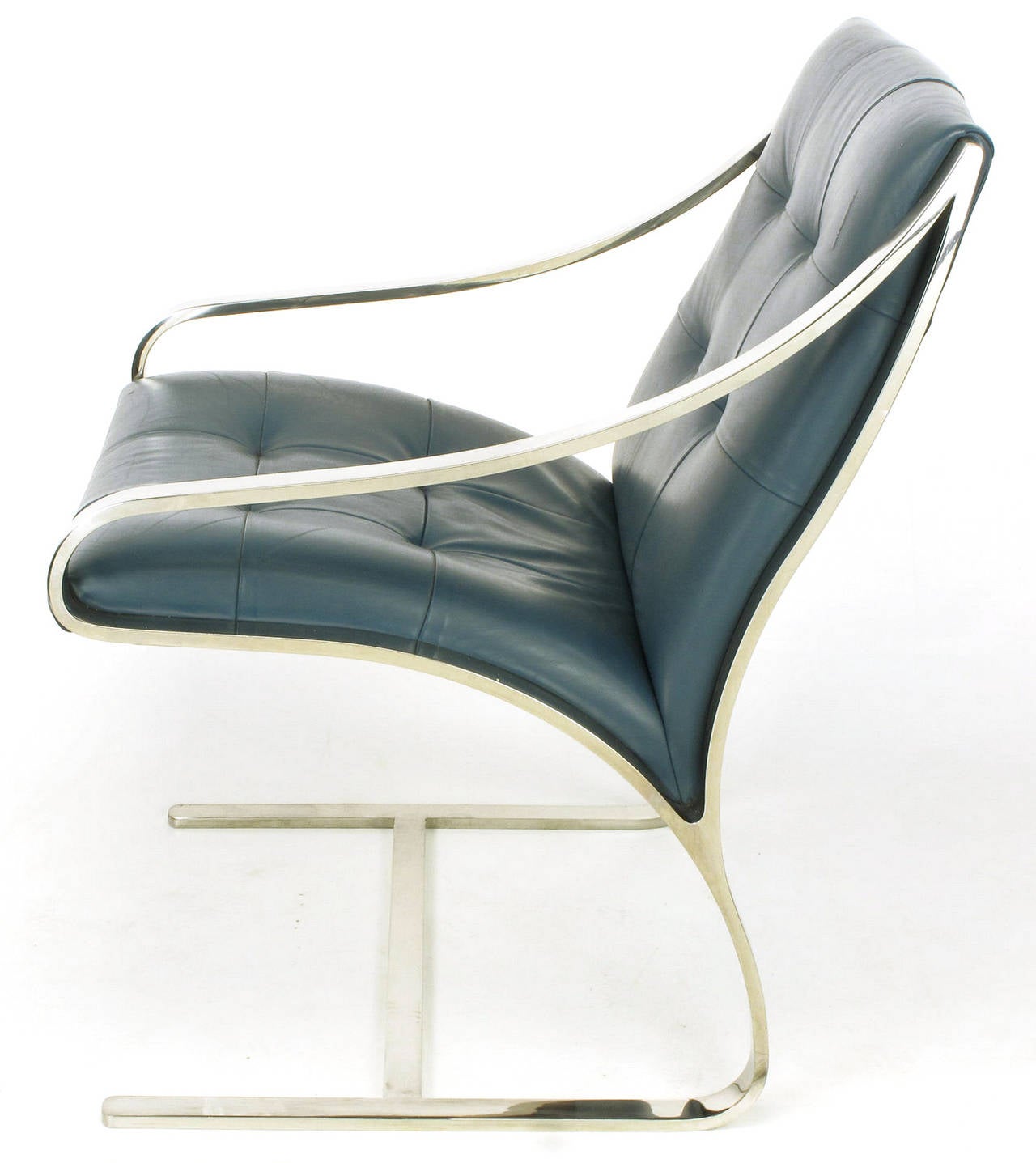 Late 20th Century Four Bert England for Brueton Polished Steel & Cadet Blue Leather Lounge Chairs For Sale