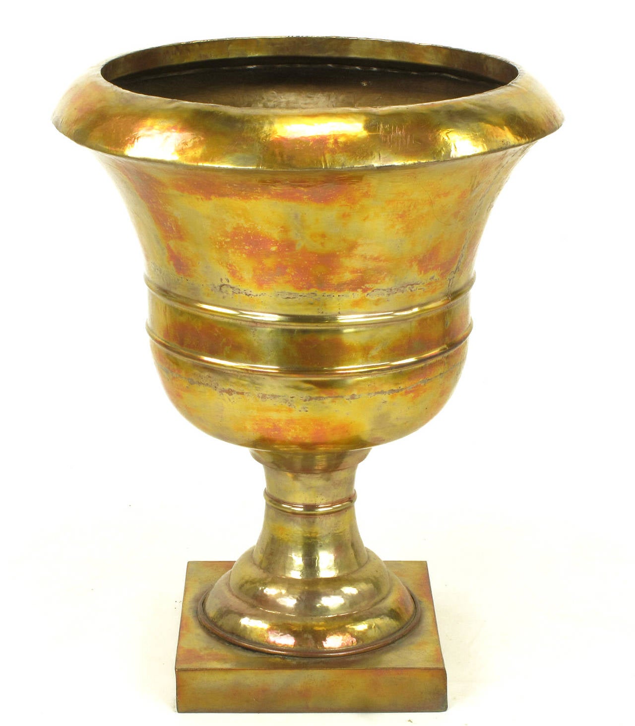 Turkish Palatial Pair of Tall Acid Rinsed and Hammered Brass Urns For Sale