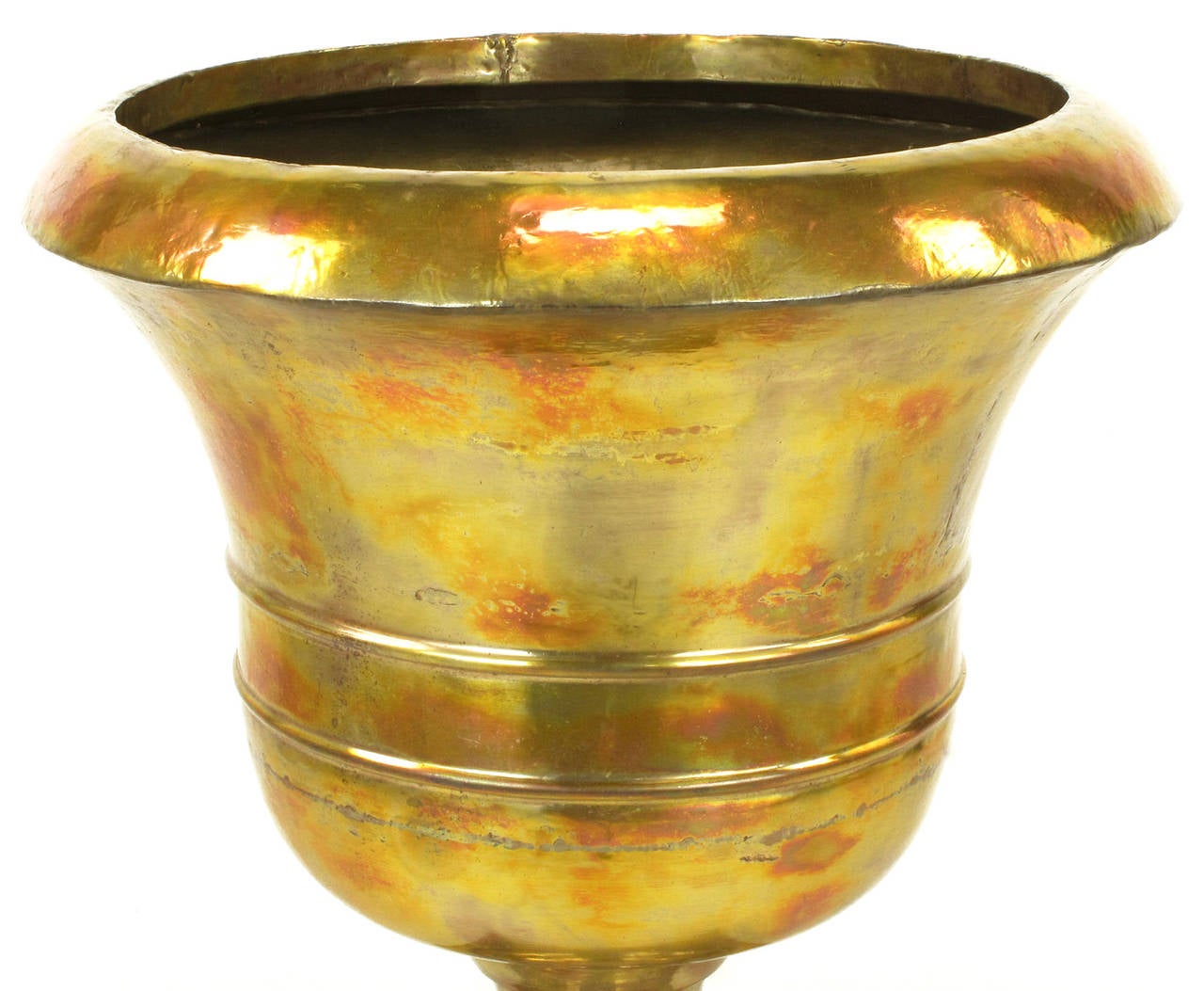 Palatial Pair of Tall Acid Rinsed and Hammered Brass Urns In Excellent Condition For Sale In Chicago, IL