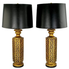 Retro Pair of Moroccan-Style Gilt Arabesques Table Lamps