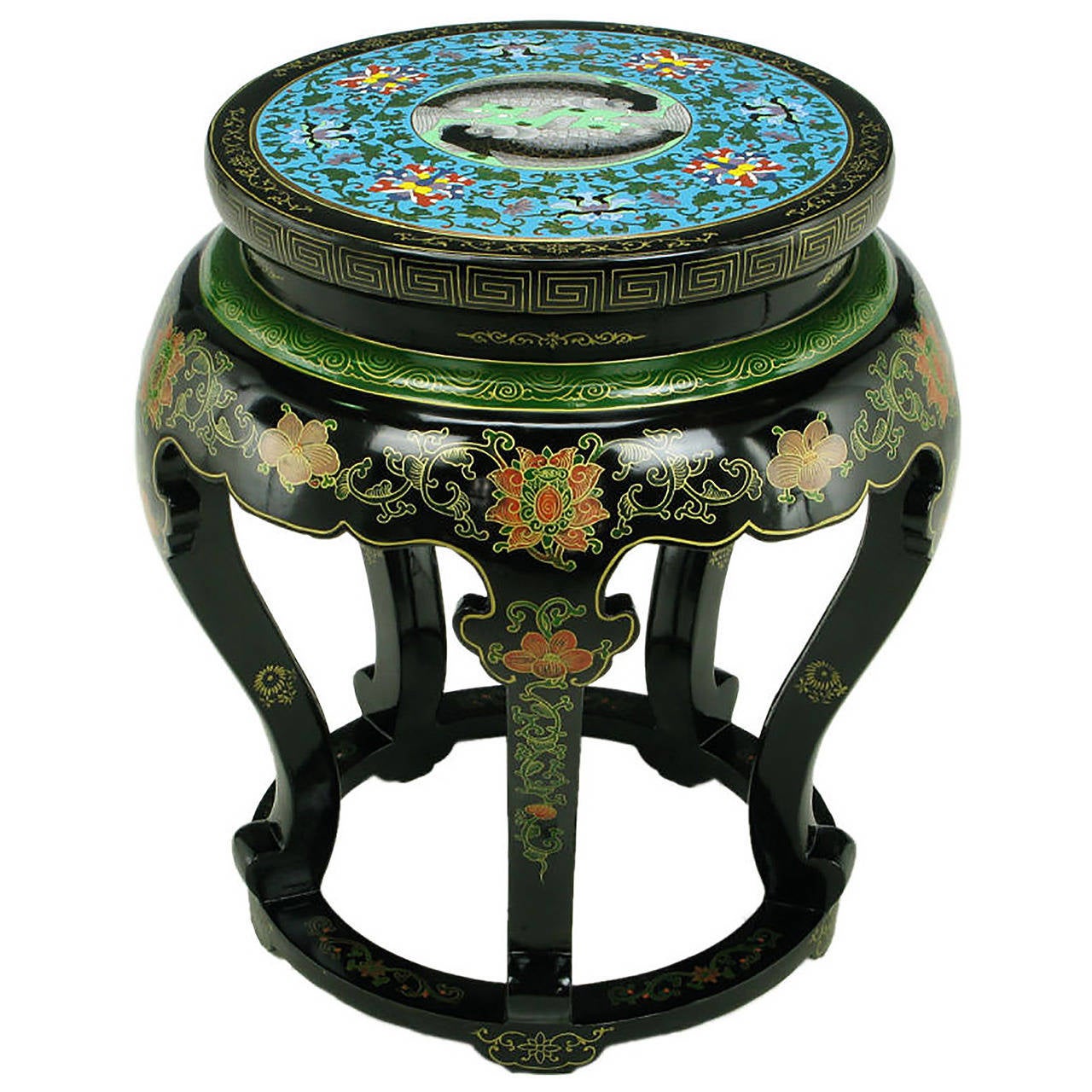 Polychrome Cloisonné and Black Lacquered Side Table