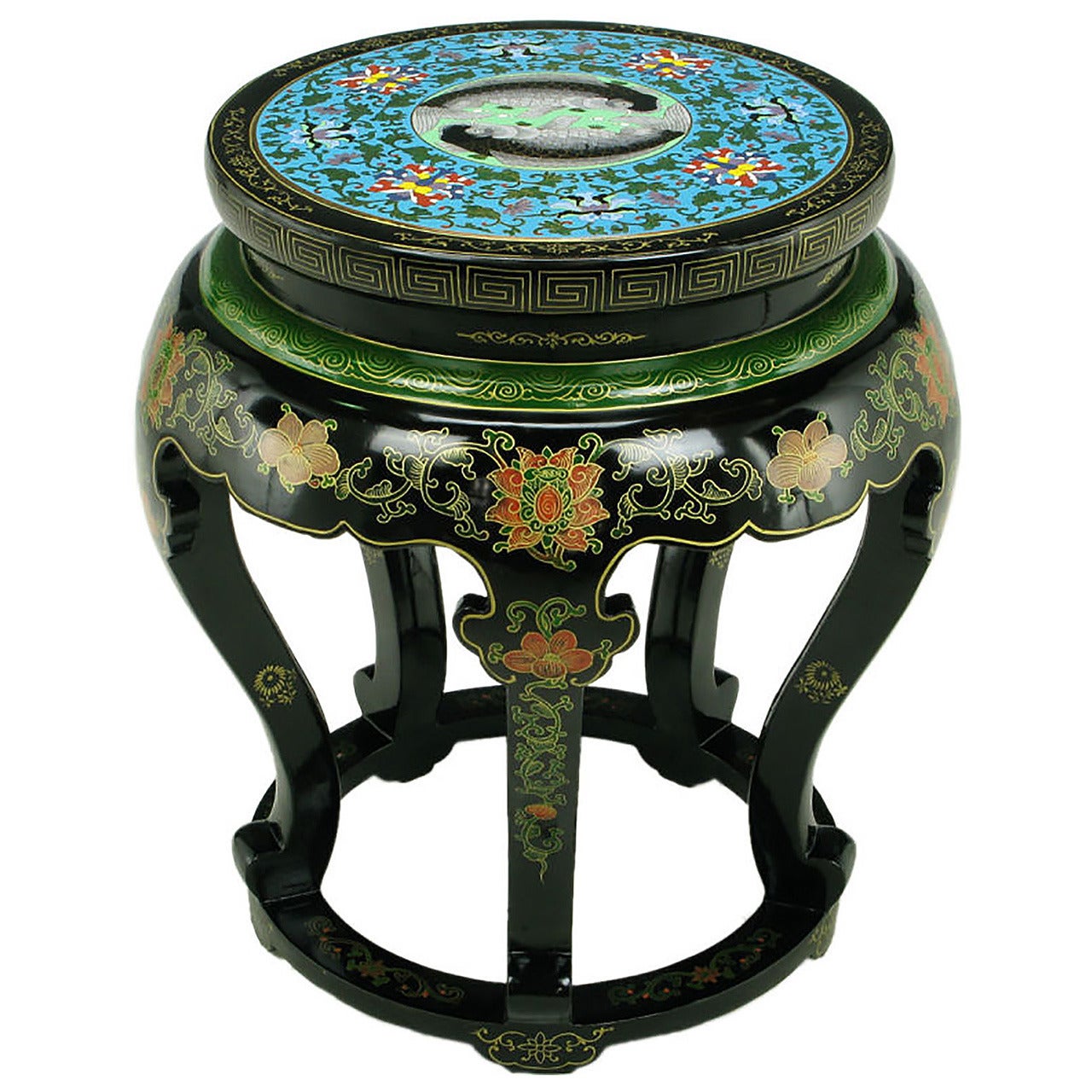 Polychrome Cloisonné and Black Lacquered Side Table