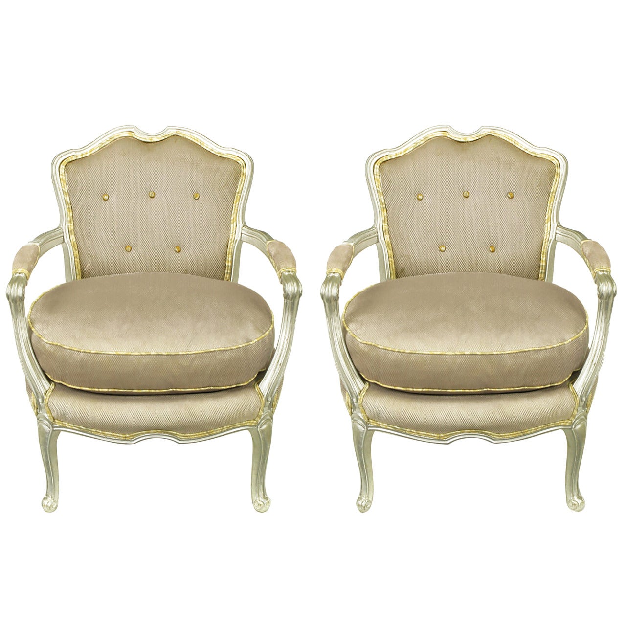 Pair of Silver Lacquer Button Tufted Velvet Louis XV Fauteuils