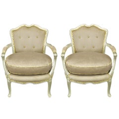 Pair of Silver Lacquer Button Tufted Velvet Louis XV Fauteuils