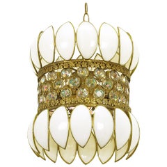 Brass Filigree and White Opalescent Glass Pendant Light