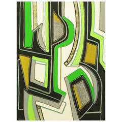 Peinture abstraite en techniques mixtes verte, noire et or, signée H. Minnick