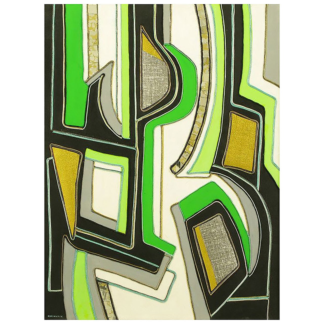 Green Black and Gold Mixed Media Abstract Painting Signed H. Minnick For Sale