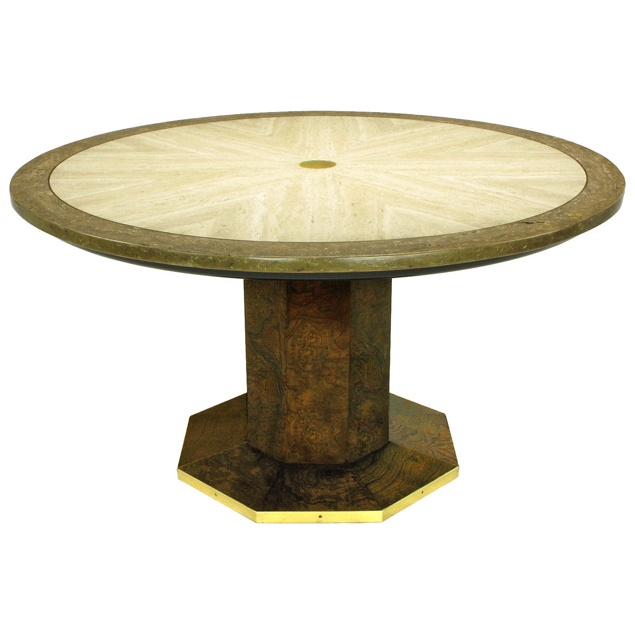 John Widdicomb Burl Walnut and Sunburst Travertine Game Table with Brass Inlay