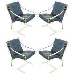 Four Bert England for Brueton Polished Steel & Cadet Blue Leather Lounge Chairs
