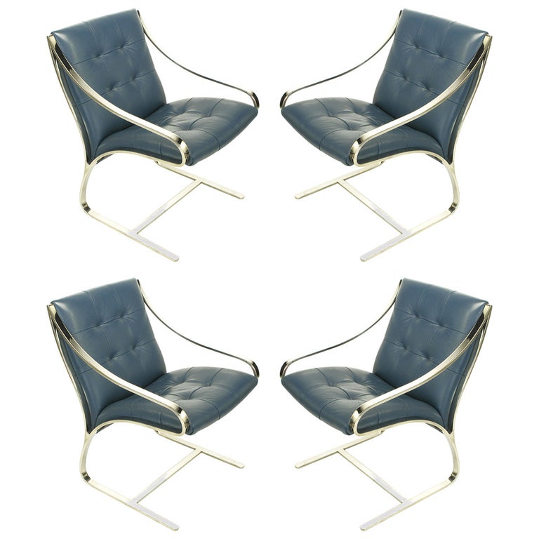 Four Bert England for Brueton Polished Steel & Cadet Blue Leather Lounge Chairs 1