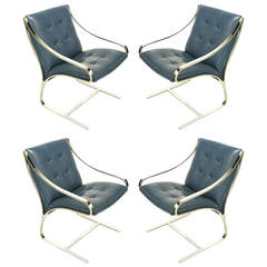 Four Bert England for Brueton Polished Steel & Cadet Blue Leather Lounge Chairs 11
