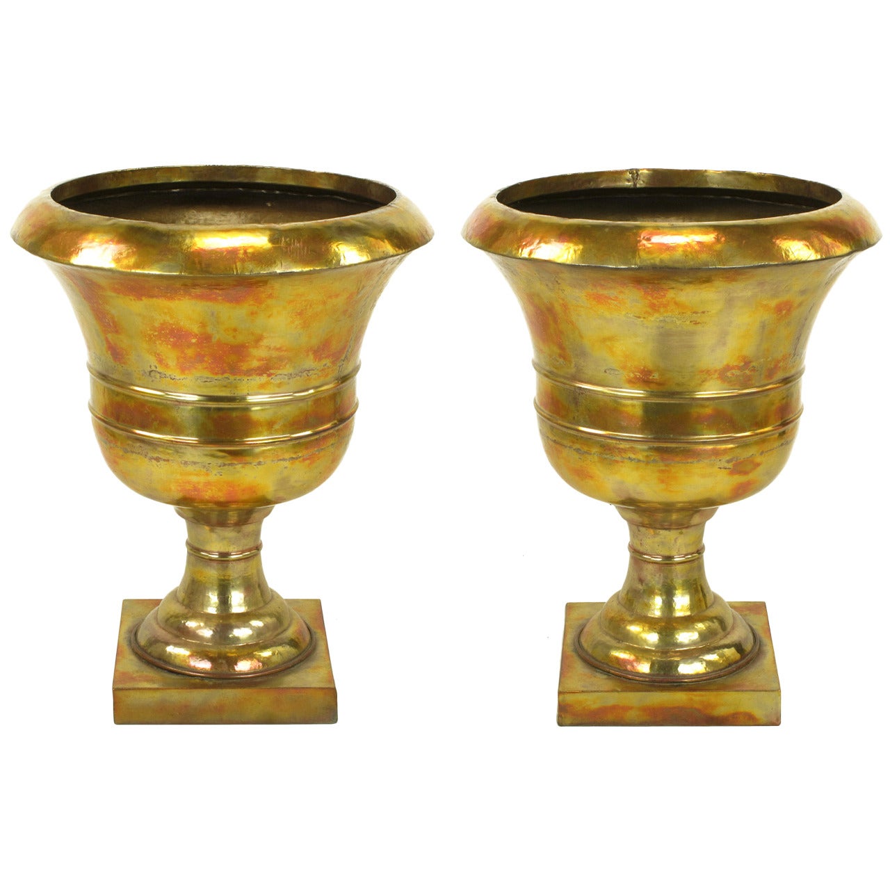 Palatial Pair of Tall Acid Rinsed and Hammered Brass Urns For Sale
