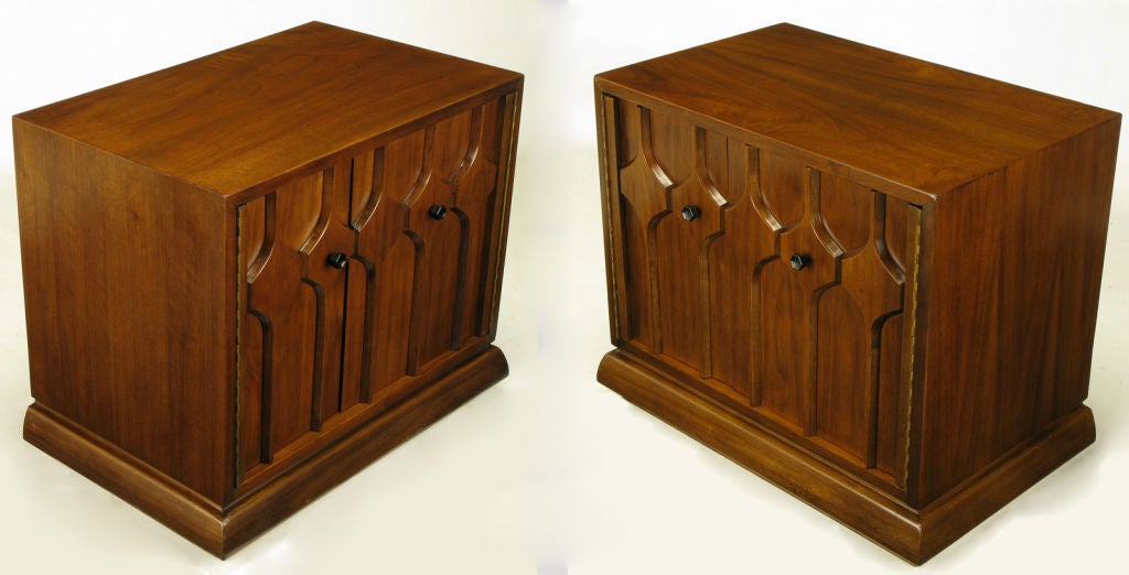 Pair Walnut Night Stands With Carved Hexagonal Relief Doors