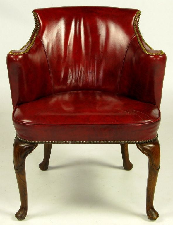 American Pair S.J. Campbell Red Leather Chippendale Arm Chairs
