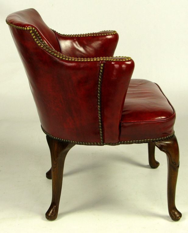 20th Century Pair S.J. Campbell Red Leather Chippendale Arm Chairs