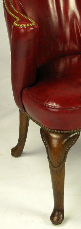 Pair S.J. Campbell Red Leather Chippendale Arm Chairs 4