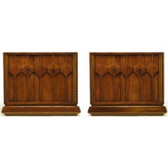 Used Pair Walnut Night Stands With Carved Hexagonal Relief Doors