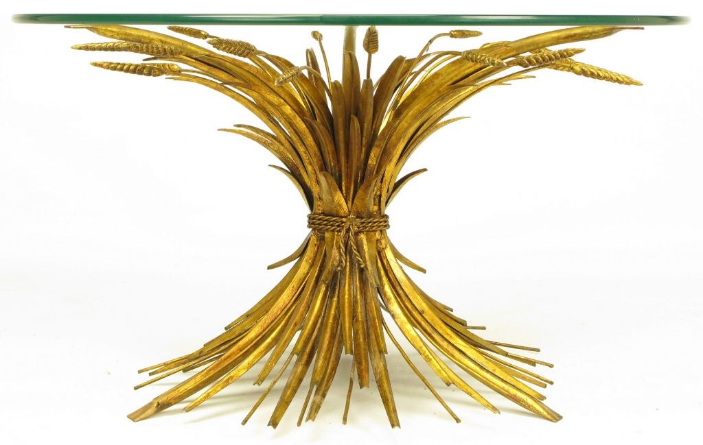 Mid-20th Century Round Gilt Iron & Glass Wheat Sheaf Table