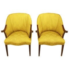 Pair 1940s Mahogany & Gold Damask Regency Arm Chairs