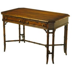 Carved Chinoiserie Two-Drawer Writing Desk In Tobacco Oak Finish