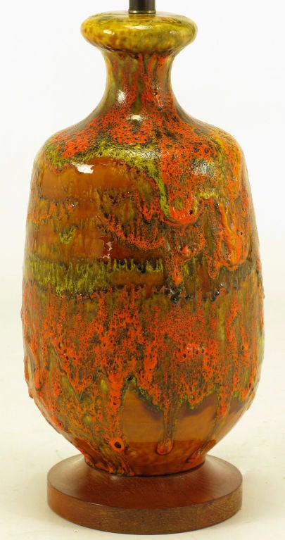 Mid-20th Century Lava Red Drip Glaze Hand Thrown Ceramic Body Table Lamp For Sale