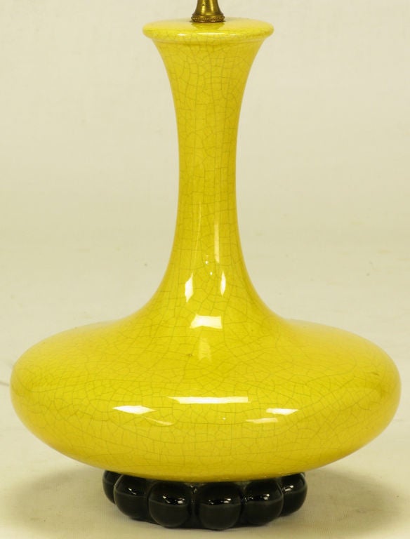 Mid-20th Century Canary Yellow Craquelure & Black Glazed Ceramic Table Lamp