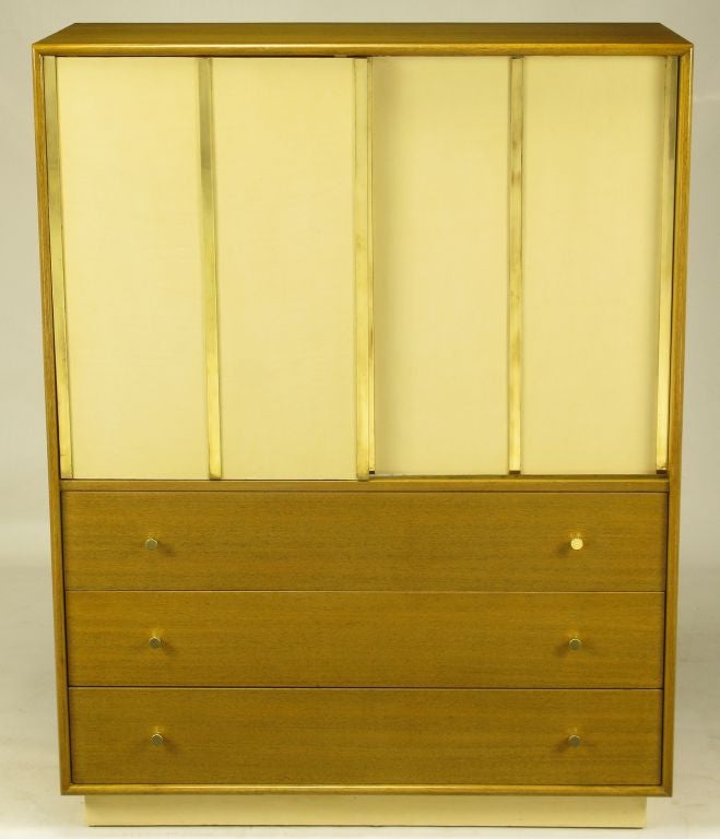 Harvey Probber Bleached Mahogany & Ivory Leather Tall Cabinet