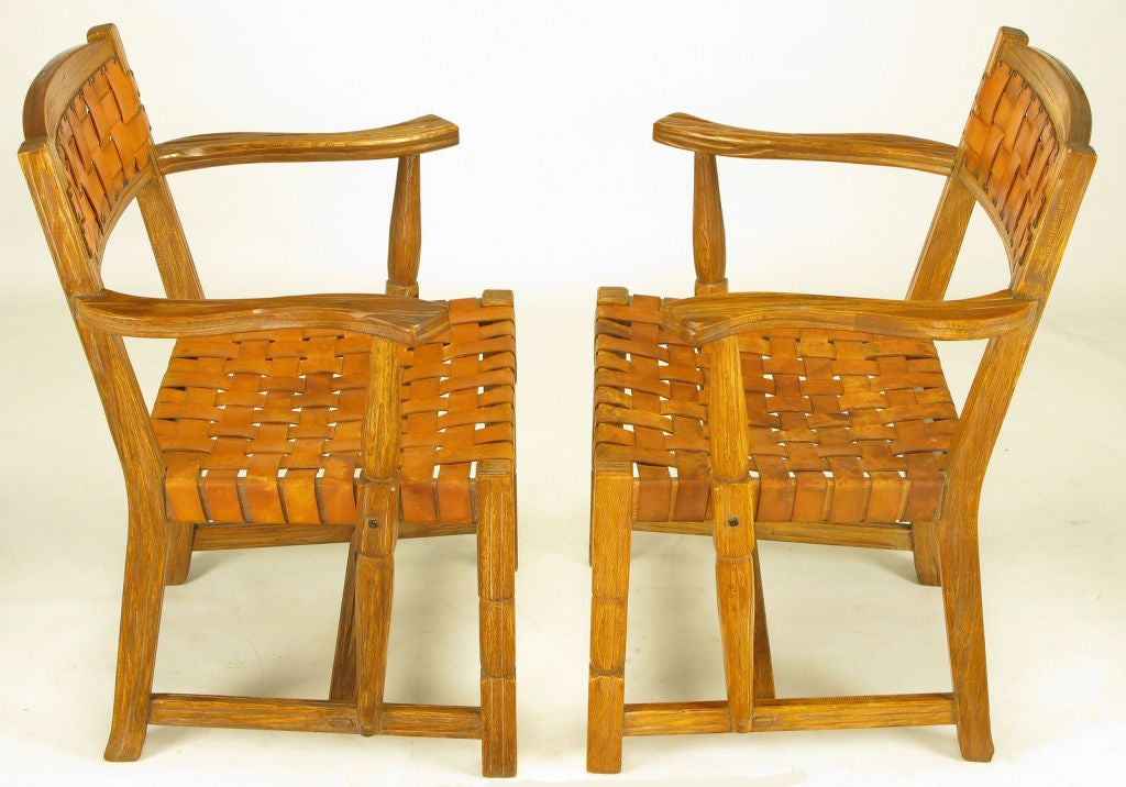 American Pair Sculpted White Oak & Woven Leather Arm Chairs