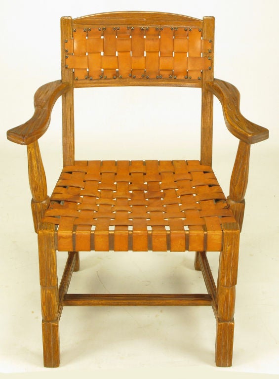 Mid-20th Century Pair Sculpted White Oak & Woven Leather Arm Chairs