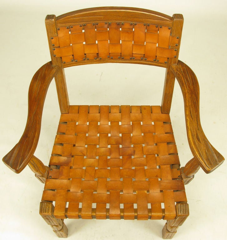 Pair Sculpted White Oak & Woven Leather Arm Chairs 5