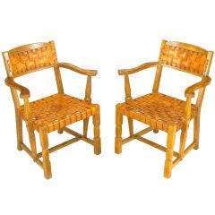 Vintage Pair Sculpted White Oak & Woven Leather Arm Chairs