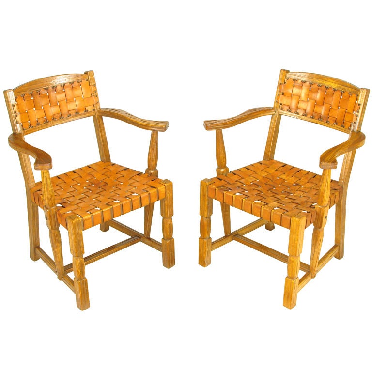 Pair Sculpted White Oak & Woven Leather Arm Chairs