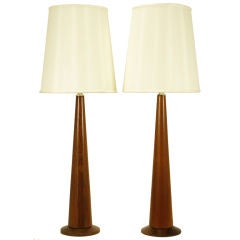 Pair 47" Tall Custom Conical Teak Table Lamps