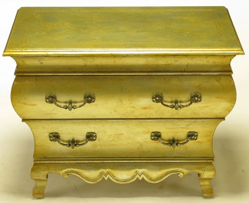 Pair Henredon Gold Toned Silver Leaf Bombe Two-Drawer Commodes