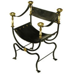 Italian Black Iron, Leather & Brass Curule Chair