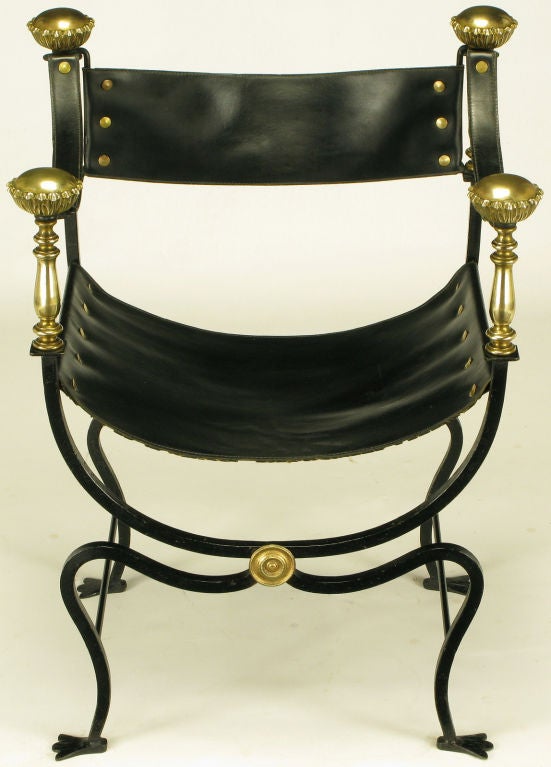 Mid-20th Century Italian Black Iron, Leather & Brass Curule Chair