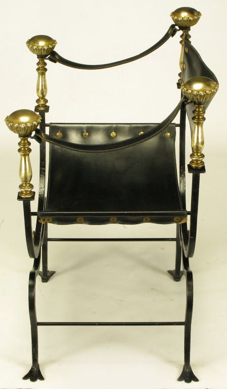 Wrought Iron Italian Black Iron, Leather & Brass Curule Chair