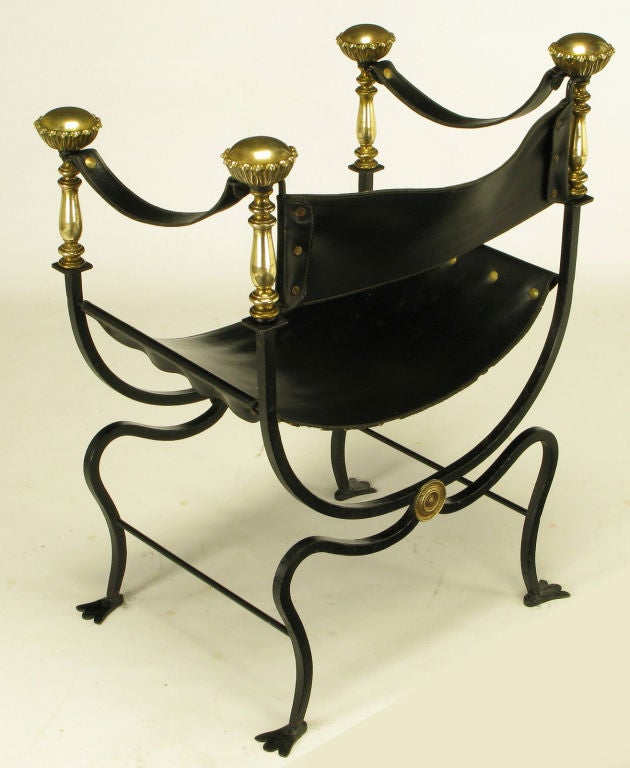 Italian Black Iron, Leather & Brass Curule Chair 1