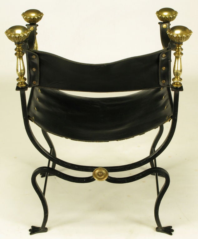 Italian Black Iron, Leather & Brass Curule Chair 2