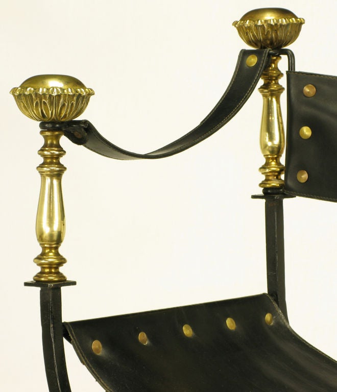 Italian Black Iron, Leather & Brass Curule Chair 4