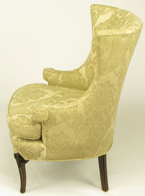 American Regency Wingback Chair In Silk & Linen Damask Upholstery