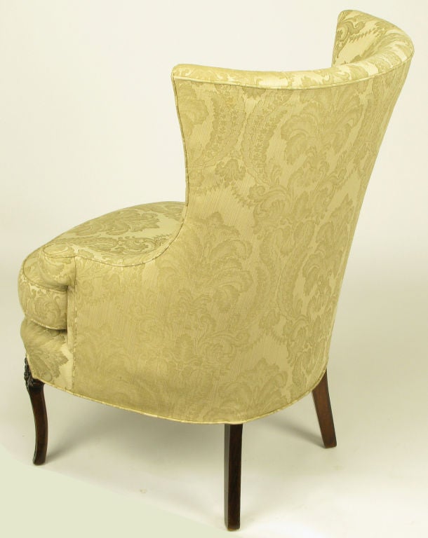 Mid-20th Century Regency Wingback Chair In Silk & Linen Damask Upholstery