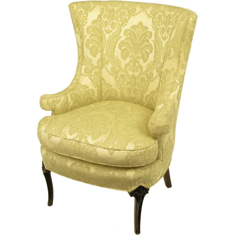 Regency Wingback Chair In Silk & Linen Damask Upholstery