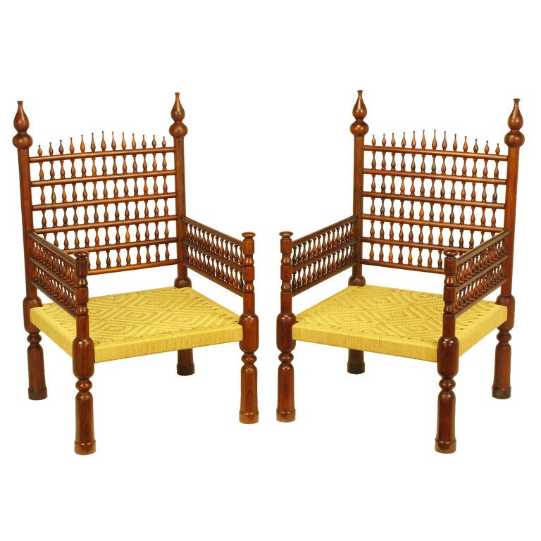 Pair Stately Teak & Rush Moroccan Throne Chairs